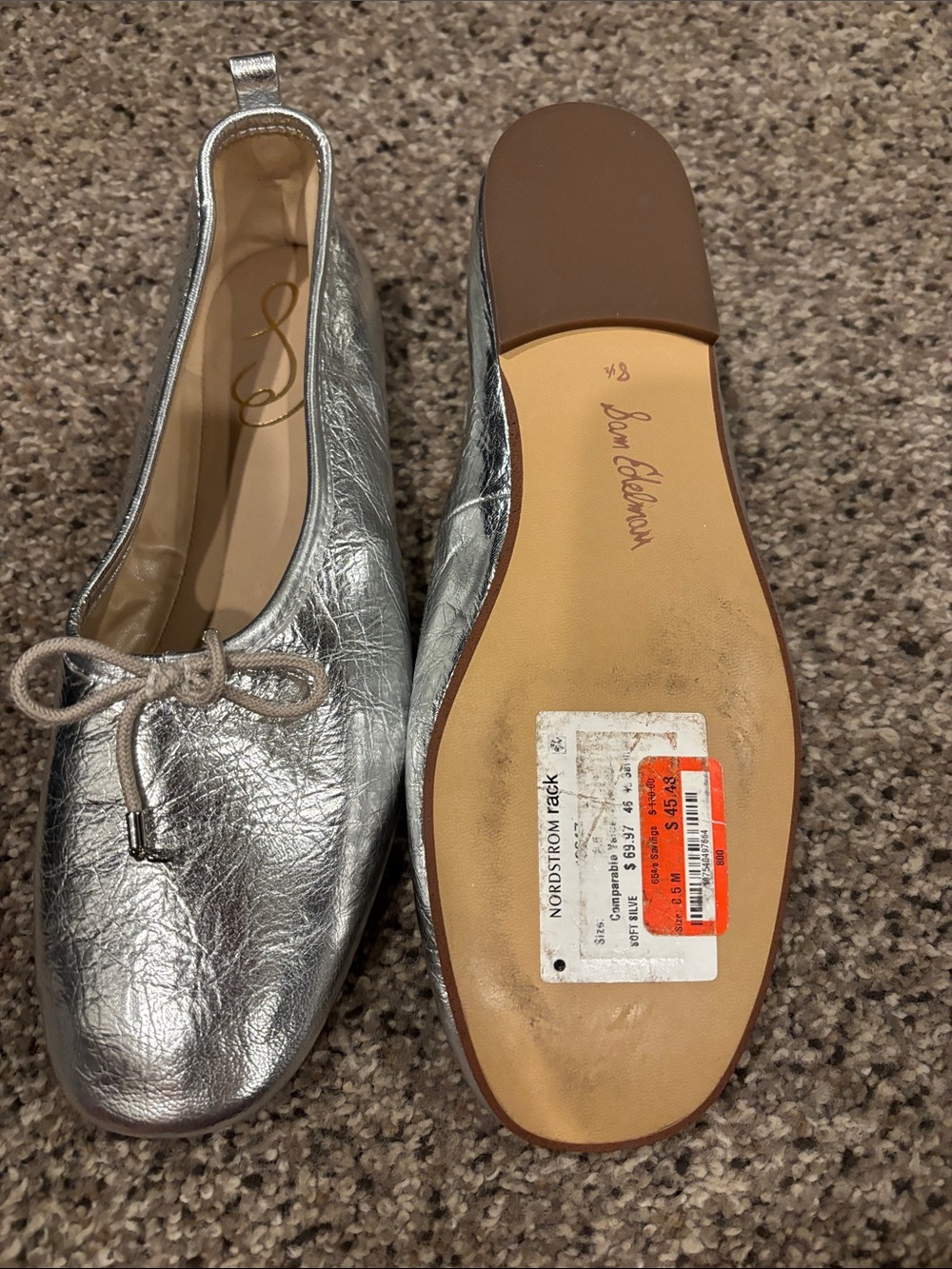 Sam Edelman Metallic Silver Ballet Flats with Bow Tie - Picture 2 of 2